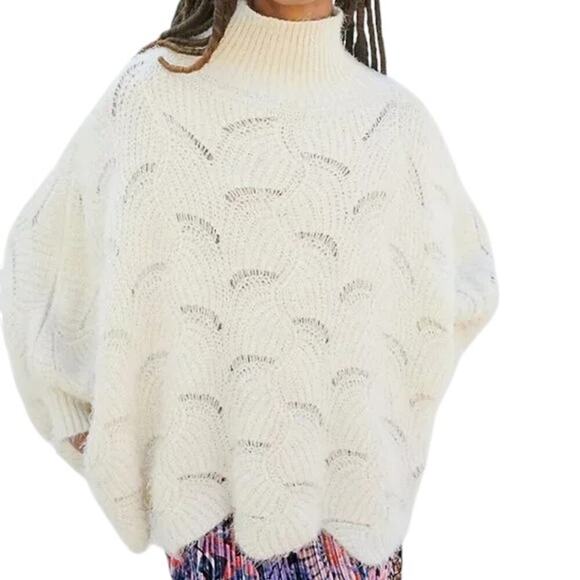 Anthropologie Cream Knit Oversized Sweater Poncho One Size Cozy Fuzzy Pullover - Picture 1 of 12